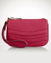 Raised panels lend sporty elegance to this essential and versatile wristlet, crafted from rich, buttery leather for sophisticated luxury. Raised panels lend sporty elegance to this essential and versatile wristlet, crafted from rich, buttery leather for sophisticated luxury.