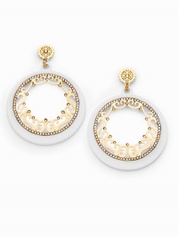 THE LOOKCircle silhouette White crystal stone accentsResin detailsFiligree insetGoldplated brass settingPost backTHE MEASUREMENTDiameter, about 2ORIGINImported THE LOOKCircle silhouette White crystal stone accentsResin detailsFiligree insetGoldplated brass settingPost backTHE MEASUREMENTDiameter, about 2ORIGINImported
