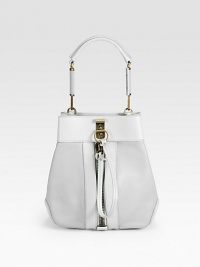 A chic, structured silhouette with goldtone hardware and bold zip details.Detachable top handle, 7 dropClasp and zipper closureProtective metal feetOne inner zip pouchFully lined10W X 10H X 6DImported A chic, structured silhouette with goldtone hardware and bold zip details.Detachable top handle, 7 dropClasp and zipper closureProtective metal feetOne inner zip pouchFully lined10W X 10H X 6DImported