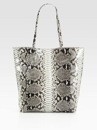 An exotic style in luxurious python; perfect for all your daily essentials.Double shoulder straps, 10½ dropMagnetic top closureOne inside zip pocketTwo inside open pocketsOne money clipTwo pen holdersFully lined13W X 14½H X 6DImported An exotic style in luxurious python; perfect for all your daily essentials.Double shoulder straps, 10½ dropMagnetic top closureOne inside zip pocketTwo inside open pocketsOne money clipTwo pen holdersFully lined13W X 14½H X 6DImported