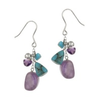 Sterling Silver Bead, Turquoise and Amethyst Linear Drop French Wire Earrings Sterling Silver Bead, Turquoise and Amethyst Linear Drop French Wire Earrings