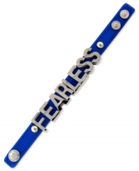 Fearless fashion. A bold neon blue PVC bracelet from BCBGeneration with silver tone mixed metal letters and snaps. Approximate length: 8 inches. Fearless fashion. A bold neon blue PVC bracelet from BCBGeneration with silver tone mixed metal letters and snaps. Approximate length: 8 inches.