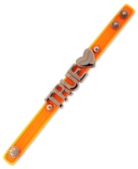 Stay true to your style. A fun neon orange PVC bracelet from BCBGeneration with rose-gold tone mixed metal letters, heart and snaps. Approximate length: 8 inches. Stay true to your style. A fun neon orange PVC bracelet from BCBGeneration with rose-gold tone mixed metal letters, heart and snaps. Approximate length: 8 inches.