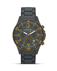 Solid and stylish, this brushed gunmetal watch from MARC BY MARC JACOBS with a silicone bracelet, date feature, bold accents, and chronograph movement will take your style up a tick. Wear it to sharpen your look. Solid and stylish, this brushed gunmetal watch from MARC BY MARC JACOBS with a silicone bracelet, date feature, bold accents, and chronograph movement will take your style up a tick. Wear it to sharpen your look.