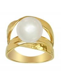 Simplicity wins again. A solitary and smooth organic man-made pearl (12 mm) beautifully contrasts with hammered metal swirls. Majorica ribbon ring crafted from 18k gold over sterling silver. Size 8. Simplicity wins again. A solitary and smooth organic man-made pearl (12 mm) beautifully contrasts with hammered metal swirls. Majorica ribbon ring crafted from 18k gold over sterling silver. Size 8.
