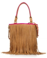 Care-free and unconventional, this fun fringe satchel by Steve Madden pays homage to the '70s Haight-Ashbury hippie-chic. Braided handle detail and matching crossbody strap offer convenience and cool, while interior cell phone and PDA pockets keep modern devices secure. Care-free and unconventional, this fun fringe satchel by Steve Madden pays homage to the '70s Haight-Ashbury hippie-chic. Braided handle detail and matching crossbody strap offer convenience and cool, while interior cell phone and PDA pockets keep modern devices secure.