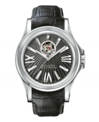 An extraordinary dial defines this Kirkwood collection watch by Bulova Accutron. Black croc-embossed leather strap and round stainless steel case with clear back and curved sapphire crystal. Patterned black dial features silver tone Roman numerals and stick indices, minute track, three hands, logo and aperture view of the movement. Swiss mechanical Sellita movement. Water resistant to 100 meters. Five-year limited warranty. An extraordinary dial defines this Kirkwood collection watch by Bulova Accutron. Black croc-embossed leather strap and round stainless steel case with clear back and curved sapphire crystal. Patterned black dial features silver tone Roman numerals and stick indices, minute track, three hands, logo and aperture view of the movement. Swiss mechanical Sellita movement. Water resistant to 100 meters. Five-year limited warranty.