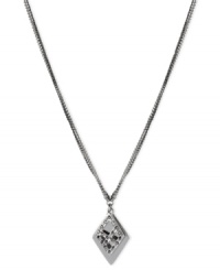 Diamond shapes double up to dazzling effect on this pendant from Kenneth Cole New York. Crafted from silver-tone mixed metal, the pendant also features shimmering glass crystal accents. Approximate length: 16 inches + 3-inch extender. Approximate drop: 1-2/5 inches. Diamond shapes double up to dazzling effect on this pendant from Kenneth Cole New York. Crafted from silver-tone mixed metal, the pendant also features shimmering glass crystal accents. Approximate length: 16 inches + 3-inch extender. Approximate drop: 1-2/5 inches.