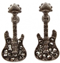 Trendy Small Crystal Embellished 3/4 Long Rocker Guitar Stud Earrings - Black Hematite Plated Trendy Small Crystal Embellished 3/4 Long Rocker Guitar Stud Earrings - Black Hematite Plated