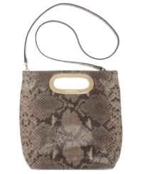 Go bold with this daring snakeskin crossbody from MICHAEL Michael Kors. This wildly haute look features shiny 18K gold hardware and modern cut-out handles at sides. Go bold with this daring snakeskin crossbody from MICHAEL Michael Kors. This wildly haute look features shiny 18K gold hardware and modern cut-out handles at sides.