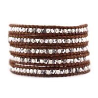 Chan Luu Crystal Cal and Silver Bead Wrap Bracelet on Natural Brown Leather Chan Luu Crystal Cal and Silver Bead Wrap Bracelet on Natural Brown Leather