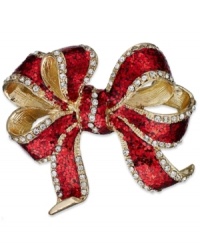 Tied and true, this brooch from Charter Club is a great touch for the holiday season. Crafted from gold-tone mixed metal with red and glass crystal details. Approximate drop: 1-3/4 inches. Tied and true, this brooch from Charter Club is a great touch for the holiday season. Crafted from gold-tone mixed metal with red and glass crystal details. Approximate drop: 1-3/4 inches.