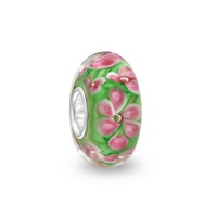 Bling Jewelry Pink Flowers on Green Sterling Silver Murano Glass Bead Bling Jewelry Pink Flowers on Green Sterling Silver Murano Glass Bead