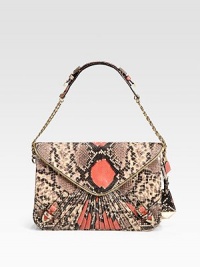 Gorgeous python-embossed leather in a sleek envelope bag finished crisp front pleats and bold zipper trim.Chain and leather top handle, 6½ dropFlap snap closureThree inner compartmentsOne inside zip pocketOne inside open pocketCotton lining10¼W X 7¼H X 1DImported Gorgeous python-embossed leather in a sleek envelope bag finished crisp front pleats and bold zipper trim.Chain and leather top handle, 6½ dropFlap snap closureThree inner compartmentsOne inside zip pocketOne inside open pocketCotton lining10¼W X 7¼H X 1DImported
