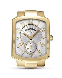 A classic gold-plated stainless steel chronograph watch head with Arabic numerals from Philip Stein. A classic gold-plated stainless steel chronograph watch head with Arabic numerals from Philip Stein.