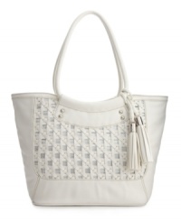 Heat up your handbag collection with a striking woven design from Nine West. This pretty satchel silhouette is decorated with silvertone hardware and tassel accents. Heat up your handbag collection with a striking woven design from Nine West. This pretty satchel silhouette is decorated with silvertone hardware and tassel accents.