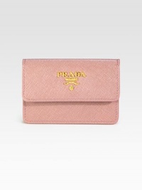 Saffiano leather card case with hardware logo detail and a protective flap.Snap button flap closure4W X 2½H X ½DMade in Italy Saffiano leather card case with hardware logo detail and a protective flap.Snap button flap closure4W X 2½H X ½DMade in Italy