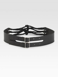 Supple leather, cut with two front straps and fastened with metal front buckles.About 2 wideLeatherMade in USA Supple leather, cut with two front straps and fastened with metal front buckles.About 2 wideLeatherMade in USA