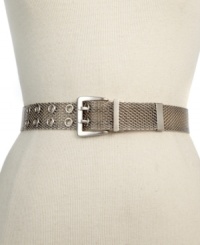 Rock this mesh metal belt by Steve Madden with your favorite pair of jeans or cool graphic T. Shiny and sleek, the oversized C-ring buckle and statement grommets offer instant edge to any outfit. Rock this mesh metal belt by Steve Madden with your favorite pair of jeans or cool graphic T. Shiny and sleek, the oversized C-ring buckle and statement grommets offer instant edge to any outfit.