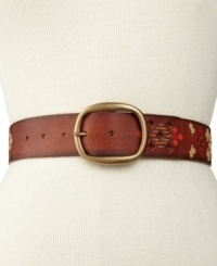 Folksy with a splash of color, this classic leather belt pairs with your weekend jeans with old-school embroidery. Folksy with a splash of color, this classic leather belt pairs with your weekend jeans with old-school embroidery.