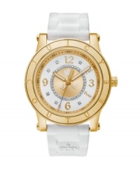 Regal design, worthy of your Royal Highness. HRH watch by Juicy Couture crafted of white silicone bracelet and round gold-plated stainless steel case with logo-etched bezel. White dial with inner textured gold tone dial crystallized with Swarovski elements features gold tone Roman numerals, minute track, luminous hands and iconic crown logo. Quartz movement. Water resistant to 30 meters. Two-year limited warranty. Regal design, worthy of your Royal Highness. HRH watch by Juicy Couture crafted of white silicone bracelet and round gold-plated stainless steel case with logo-etched bezel. White dial with inner textured gold tone dial crystallized with Swarovski elements features gold tone Roman numerals, minute track, luminous hands and iconic crown logo. Quartz movement. Water resistant to 30 meters. Two-year limited warranty.