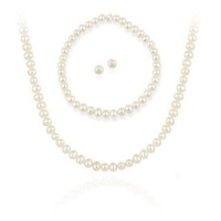 Sterling Silver 5.5-6mm Genuine Freshwater Cultured White Pearl Necklace Bracelet & Stud Earrings Set Sterling Silver 5.5-6mm Genuine Freshwater Cultured White Pearl Necklace Bracelet & Stud Earrings Set
