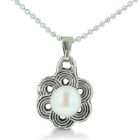 Flower Shaped Pendant With Freshwater Natural White 7.5-8mm Round Pearl On Faceted Ball Chain Necklace, 18 Inches Long Flower Shaped Pendant With Freshwater Natural White 7.5-8mm Round Pearl On Faceted Ball Chain Necklace, 18 Inches Long
