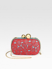 A vintage-inspired style with modern appeal in high-contrast design featuring bold lace.Detachable chain shoulder strap, 20½ dropKiss-lock closureOne inside open pocketFully lined6½W X 4H X 1½DImported A vintage-inspired style with modern appeal in high-contrast design featuring bold lace.Detachable chain shoulder strap, 20½ dropKiss-lock closureOne inside open pocketFully lined6½W X 4H X 1½DImported