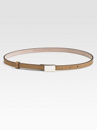An elegant leather design with a small, signature etched, metal plaque buckle. Width, about ½Made in Italy An elegant leather design with a small, signature etched, metal plaque buckle. Width, about ½Made in Italy