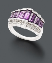 Look perfectly poised in purple. Stunning sterling silver ring features graduated baguette-cut amethyst (3 ct. t.w.) underlined by top and bottom rows of sparkling diamond accents. Size 7. Look perfectly poised in purple. Stunning sterling silver ring features graduated baguette-cut amethyst (3 ct. t.w.) underlined by top and bottom rows of sparkling diamond accents. Size 7.