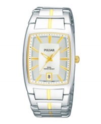 A ray of golden shine in a sleek package, by Pulsar. Crafted of stainless steel bracelet with gold-tone accents and rectangular case. Silver-tone dial with logo, date window at six o-clock, gold-tone applied indices, three hands and minute track. Quartz movement. Water resistant to 50 meters. Three-year limited warranty. A ray of golden shine in a sleek package, by Pulsar. Crafted of stainless steel bracelet with gold-tone accents and rectangular case. Silver-tone dial with logo, date window at six o-clock, gold-tone applied indices, three hands and minute track. Quartz movement. Water resistant to 50 meters. Three-year limited warranty.