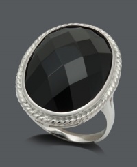 Take a bold approach to fashion. This statement ring will certainly turn heads with its large oval-cut onyx stone (14 x 20 mm). Ring crafted in a sterling silver setting with rope-style edging. Size 7. Take a bold approach to fashion. This statement ring will certainly turn heads with its large oval-cut onyx stone (14 x 20 mm). Ring crafted in a sterling silver setting with rope-style edging. Size 7.