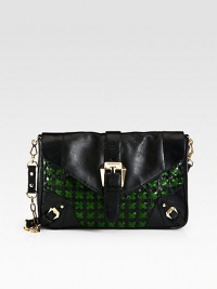 Offering everyday charm and style versatility, a leather clutch with a detachable chain-and-leather shoulder strap. Detachable chain-and-leather shoulder strap, 14 dropSnap closureOne outside open pocketOne inside zip pocketTwo inside open pocketsCotton lining12W X 8H X 1½DImported Offering everyday charm and style versatility, a leather clutch with a detachable chain-and-leather shoulder strap. Detachable chain-and-leather shoulder strap, 14 dropSnap closureOne outside open pocketOne inside zip pocketTwo inside open pocketsCotton lining12W X 8H X 1½DImported
