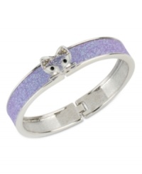 Slink into something new. This hinged bangle bracelet from Betsey Johnson is crafted from silver-tone mixed metal with purple glitter details and glass crystal accents to enhance the animal attraction.Approximate diameter: 2-1/4 inches. Slink into something new. This hinged bangle bracelet from Betsey Johnson is crafted from silver-tone mixed metal with purple glitter details and glass crystal accents to enhance the animal attraction.Approximate diameter: 2-1/4 inches.