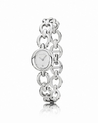 PANDORA's sterling silver bracelet watch features a sparkling white diamond on the dial, and the collection's signature black diamond crown. PANDORA's sterling silver bracelet watch features a sparkling white diamond on the dial, and the collection's signature black diamond crown.