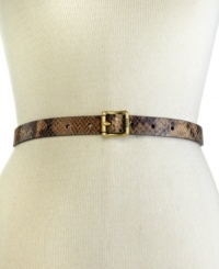 Indulge your animal attraction with this posh, python print belt from Fossil that features a signature-embossed gold-tone buckle. This diva-licious design is so slim and so chic, it gives any outfit exotic appeal. Indulge your animal attraction with this posh, python print belt from Fossil that features a signature-embossed gold-tone buckle. This diva-licious design is so slim and so chic, it gives any outfit exotic appeal.