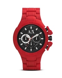 Black and red are a powerful combination on this sporty watch from Armani Exchange. Features like it's durable case and chronograph movement are designed to keep up with an athletic lifestyle. Black and red are a powerful combination on this sporty watch from Armani Exchange. Features like it's durable case and chronograph movement are designed to keep up with an athletic lifestyle.