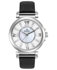 A sophisticated leather watch embellished with diamond accents, by Bulova. A sophisticated leather watch embellished with diamond accents, by Bulova.