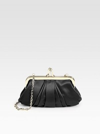 Elegantly-pleated silk in a gorgeous frame-top bag finished with a signature pump clasp.Chain shoulder strap, 10 dropTop clasp closureOne inside open pocketFully lined9W X 5½H X 2DMade in Italy Elegantly-pleated silk in a gorgeous frame-top bag finished with a signature pump clasp.Chain shoulder strap, 10 dropTop clasp closureOne inside open pocketFully lined9W X 5½H X 2DMade in Italy