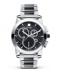 Movado's Vizio® chronograph watch has a striking architectural hinge-link bracelet in stainless steel/black carbon fiber. The solid stainless steel case has a tungsten carbide bezel. With a black carbon fiber dial and applied markers. Movado's Vizio® chronograph watch has a striking architectural hinge-link bracelet in stainless steel/black carbon fiber. The solid stainless steel case has a tungsten carbide bezel. With a black carbon fiber dial and applied markers.