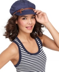 A belt-inspired buckle and classic canvas give this fab newsboy cap from Nine West a vintage feel. A belt-inspired buckle and classic canvas give this fab newsboy cap from Nine West a vintage feel.