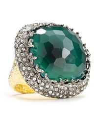 Twinkling crystals encrust a cushion cut quartz stone on this Alexis Bittar ring, finished in gold plated metal. Twinkling crystals encrust a cushion cut quartz stone on this Alexis Bittar ring, finished in gold plated metal.
