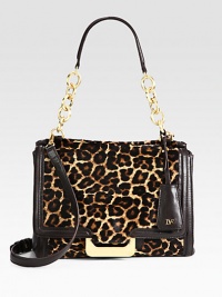 An animal printed haircalf design accented in smooth leather and radiant hardware.Chain and leather top handle, 8½ dropDetachable leather shoulder strap, 15-18 dropMagnetic snap flap closureOne inside zip pocketFully lined16W X 13H X 7DImported An animal printed haircalf design accented in smooth leather and radiant hardware.Chain and leather top handle, 8½ dropDetachable leather shoulder strap, 15-18 dropMagnetic snap flap closureOne inside zip pocketFully lined16W X 13H X 7DImported