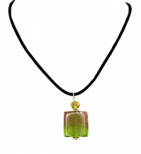 Necklace - N156 - Murano Style Glass Pendant - Square ~ Lt. Amethyst and Lime Green on Velvet Flock Cord Necklace - N156 - Murano Style Glass Pendant - Square ~ Lt. Amethyst and Lime Green on Velvet Flock Cord