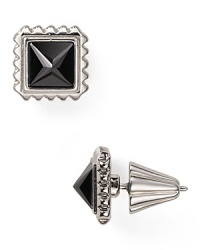 Tough for daytime, sparkling for night, these silver Rebecca Minkoff stud earrings work a street-chic edge, glammed-up with bold stone centers. Tough for daytime, sparkling for night, these silver Rebecca Minkoff stud earrings work a street-chic edge, glammed-up with bold stone centers.