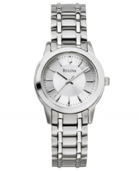 Mark each hour with graceful elegance. Watch by Bulova crafted of stainless steel bracelet and round case. Silver tone dial features applied stick indices, minute track, date window at three o'clock, three hands and logo. Quartz movement. Water resistant to 30 meters. Three-year limited warranty.