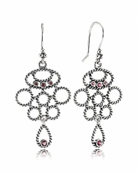 A chandelier silhouette takes on added elegance with sterling silver cables and bezel-set rhodolite stones. Earrings by PANDORA. A chandelier silhouette takes on added elegance with sterling silver cables and bezel-set rhodolite stones. Earrings by PANDORA.