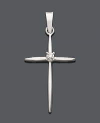 Symbolic style in simple form. This slim line cross pendant features an extra sparkling touch with a round-cut diamond accent at center. Crafted in 14k white gold. Approximate drop width: 1/2 inch. Approximate drop length: 1 inch. Symbolic style in simple form. This slim line cross pendant features an extra sparkling touch with a round-cut diamond accent at center. Crafted in 14k white gold. Approximate drop width: 1/2 inch. Approximate drop length: 1 inch.