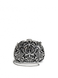 THE LOOKRemovable shoulder chainCurved pouch shapeEncrusted with tiny two-tone Austrian crystals in an opulent damask patternPush-lock teardrop crystal clasp closureInside logo detailTHE MEASUREMENTRemovable shoulder chain, 10 drop5W X 4H X 1½DTHE MATERIALAustrian crystalsMetal frameMetallic leather liningORIGINImported THE LOOKRemovable shoulder chainCurved pouch shapeEncrusted with tiny two-tone Austrian crystals in an opulent damask patternPush-lock teardrop crystal clasp closureInside logo detailTHE MEASUREMENTRemovable shoulder chain, 10 drop5W X 4H X 1½DTHE MATERIALAustrian crystalsMetal frameMetallic leather liningORIGINImported