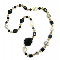 Silver Tone Copper, Black Resin and Glass Fashion Necklace 30-inches Silver Tone Copper, Black Resin and Glass Fashion Necklace 30-inches